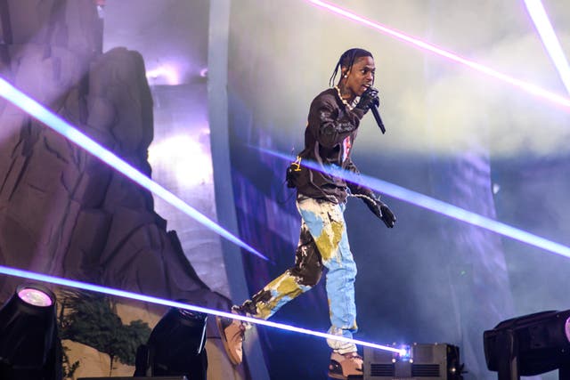 <p>Travis Scott is seen performing on stage at Astroworld on Friday night where eight people were killed  </p>