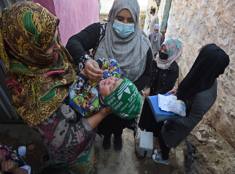 <p>A health worker administers polio vaccine drops to a child in Kabul</p>