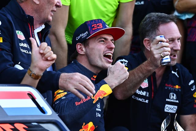 <p>Race winner Max Verstappen celebrates</p>