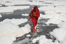 Indian women forced to wade through toxic foam to pray in Delhi river