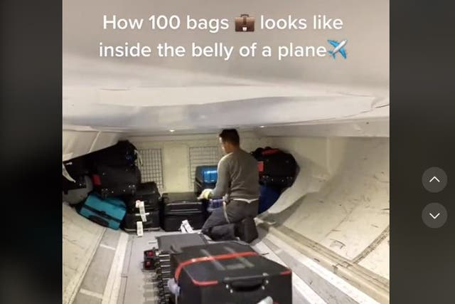 <p>Baggage handler Deeej demonstrates loading bags into the hold</p>