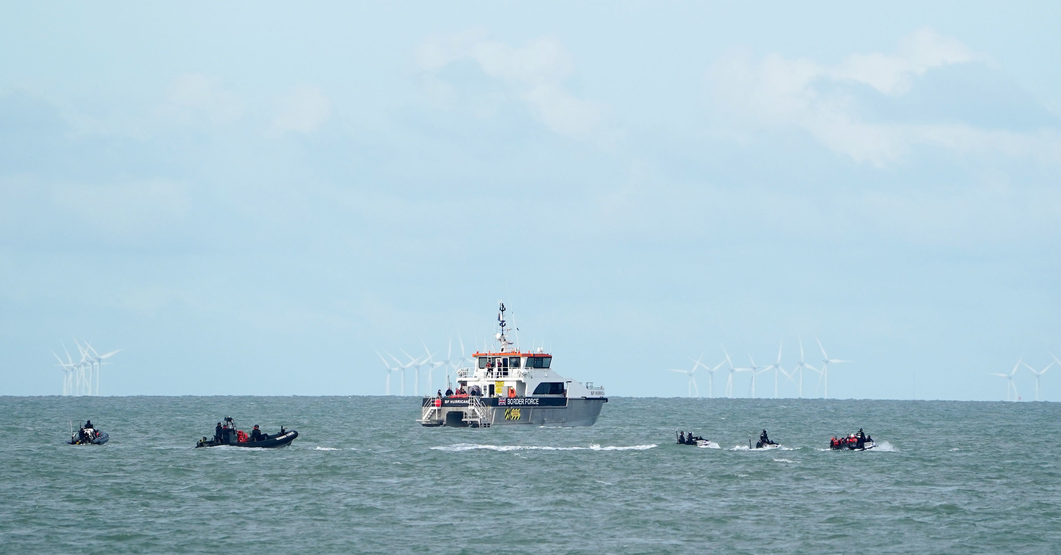 Border Force officers and vessels during an exercise to practice intercepting small boats crossing the Channel near Deal in Kent.