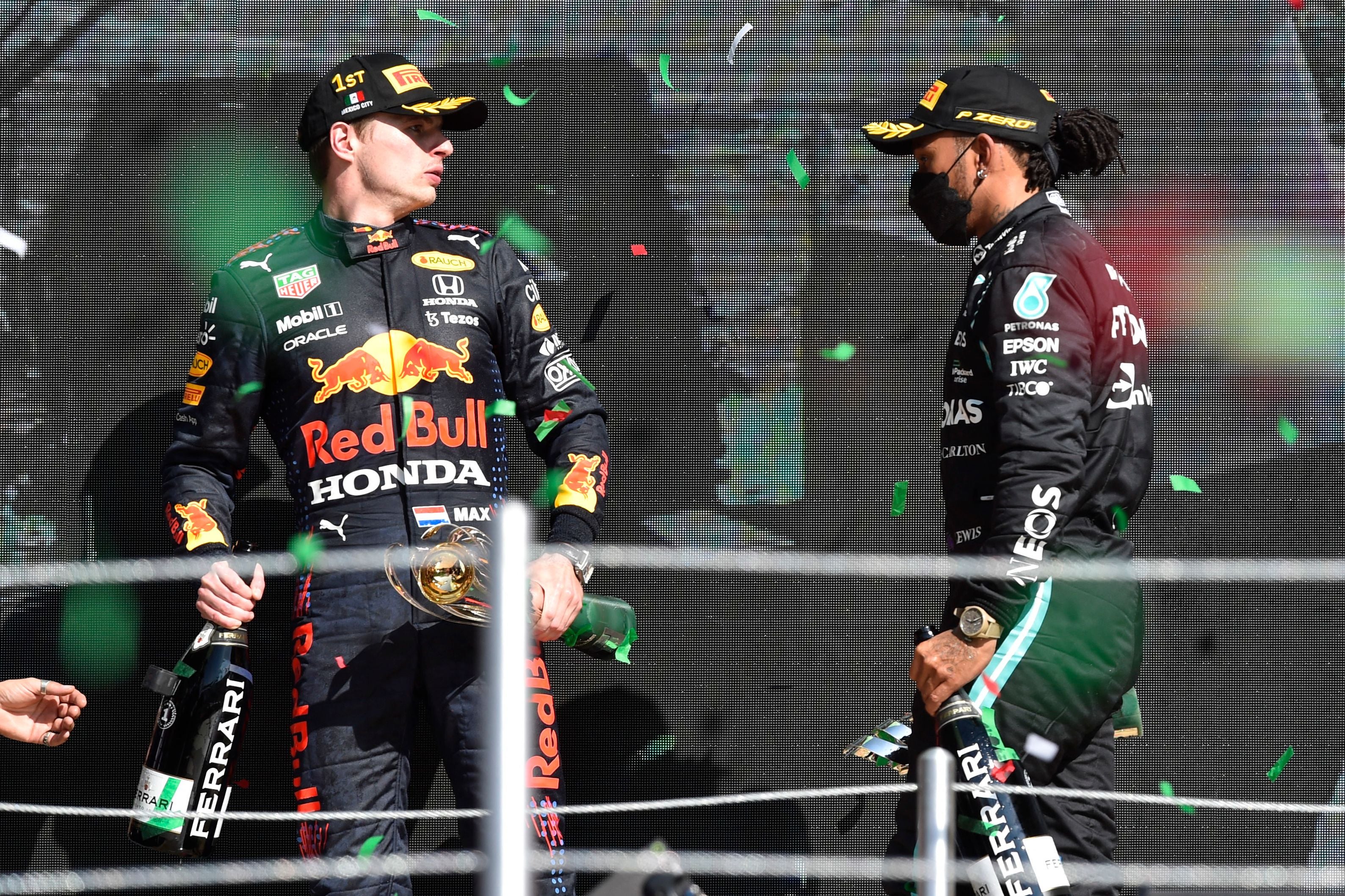 Max Verstappen (left) leads Lewis Hamilton by 19 points