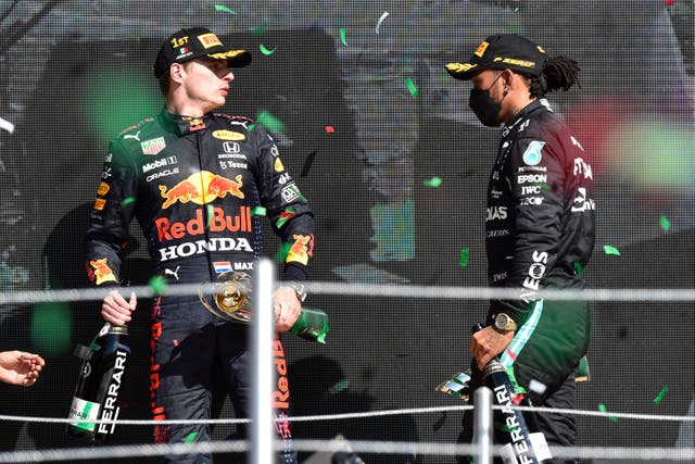 <p>Max Verstappen (left) leads Lewis Hamilton by 19 points </p>