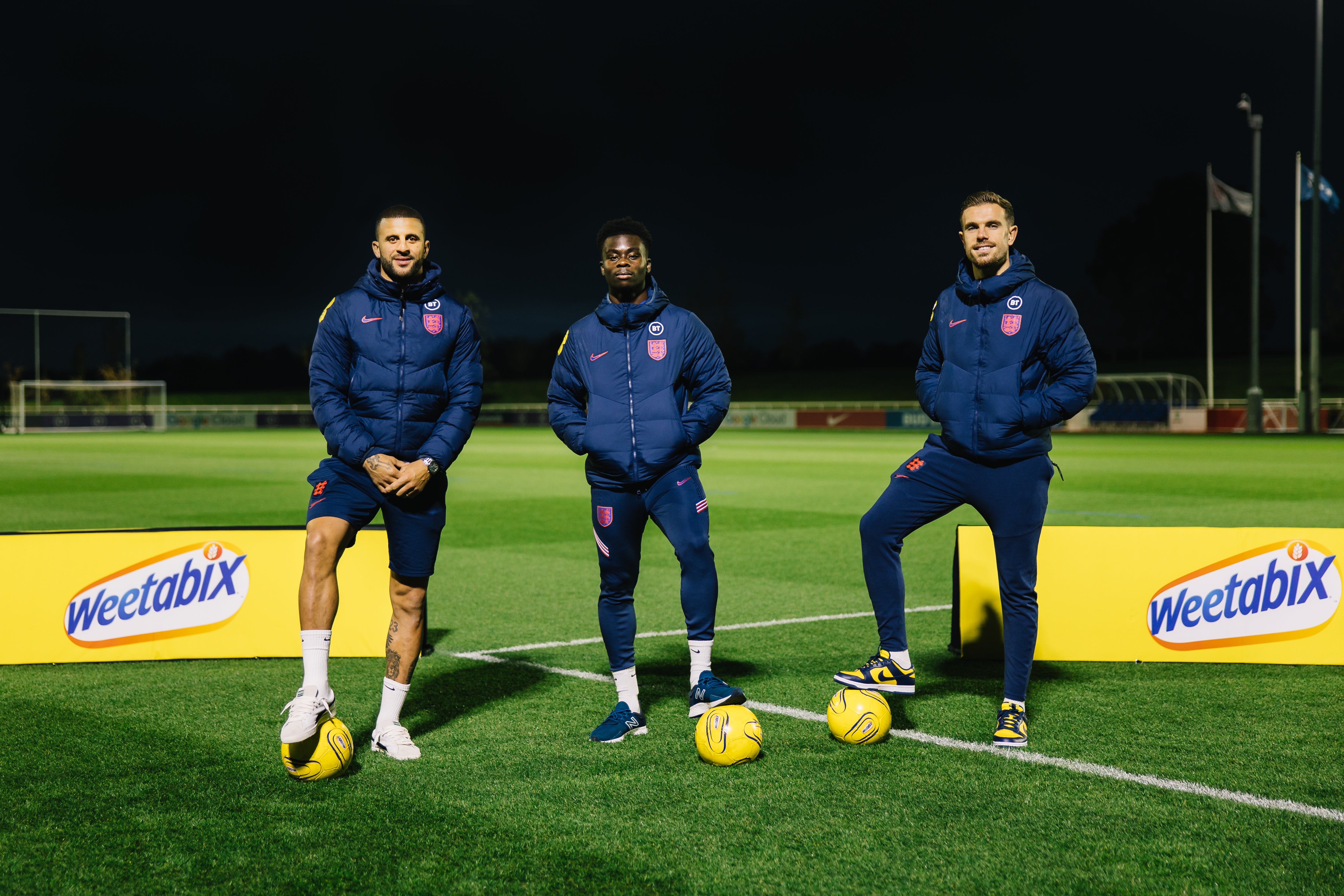 Saka was joined by Kyle Walker and Jordan Henderson to meet Weetabix competition winners.