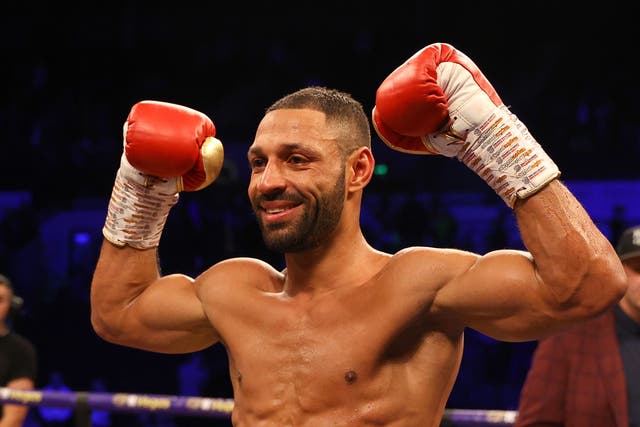 <p>Kell Brook celebrates his victory over Mark DeLuca</p>