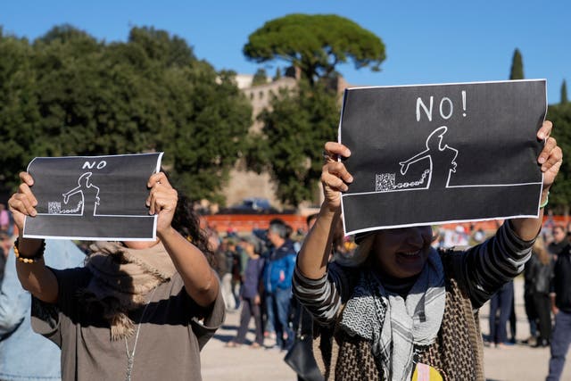 <p>Demonstrators show placards against the so-called ‘green ‘pass’, an electronic proof of vaccination, in Rome last month</p>