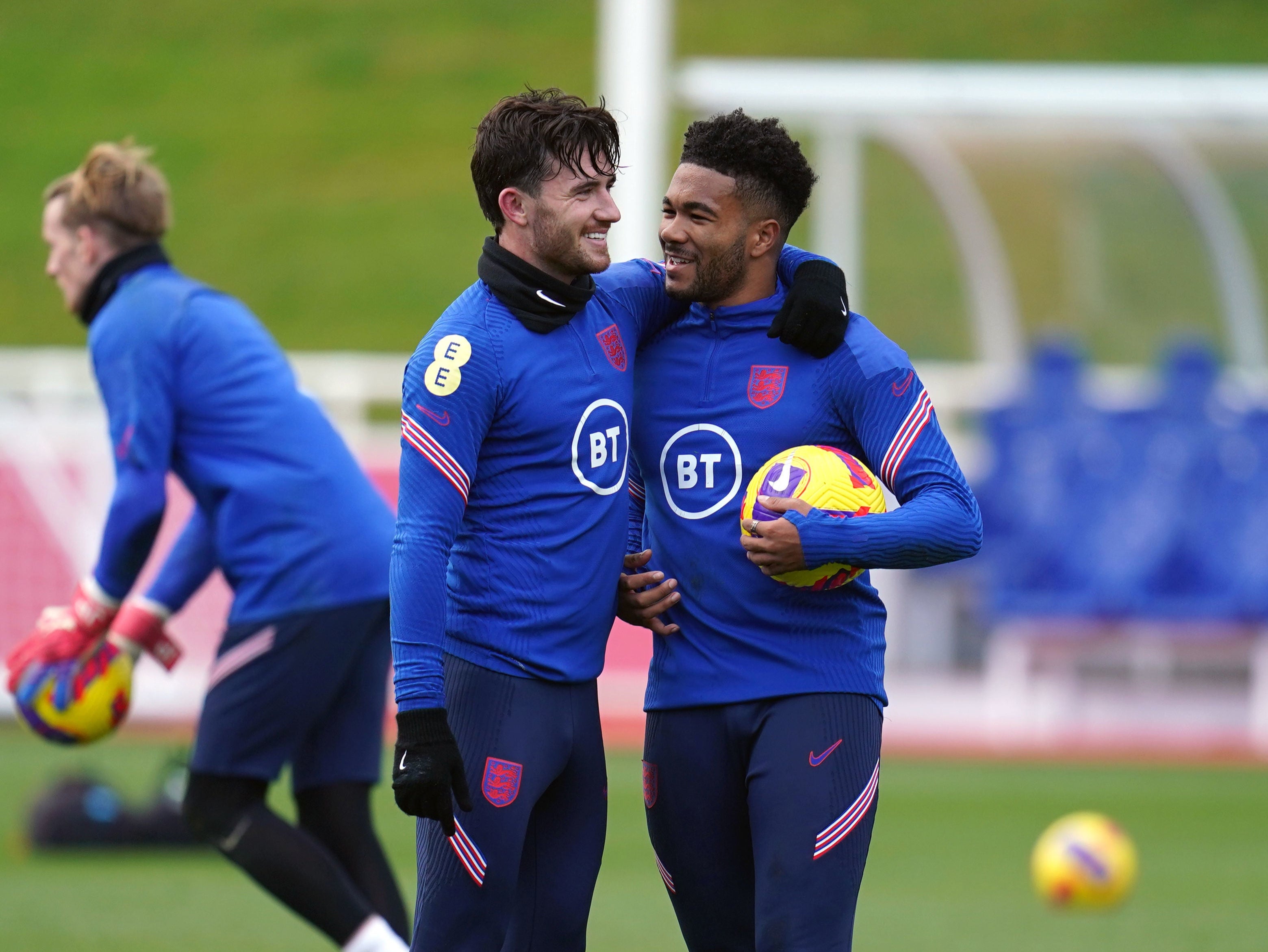 Ben Chilwell, left, in England training with Chelsea teammate Reece James