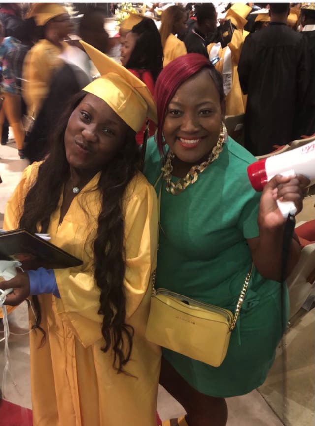 <p>Jaya Beemon at her high school graduation, with ‘warrior mom’ Nyisha</p>