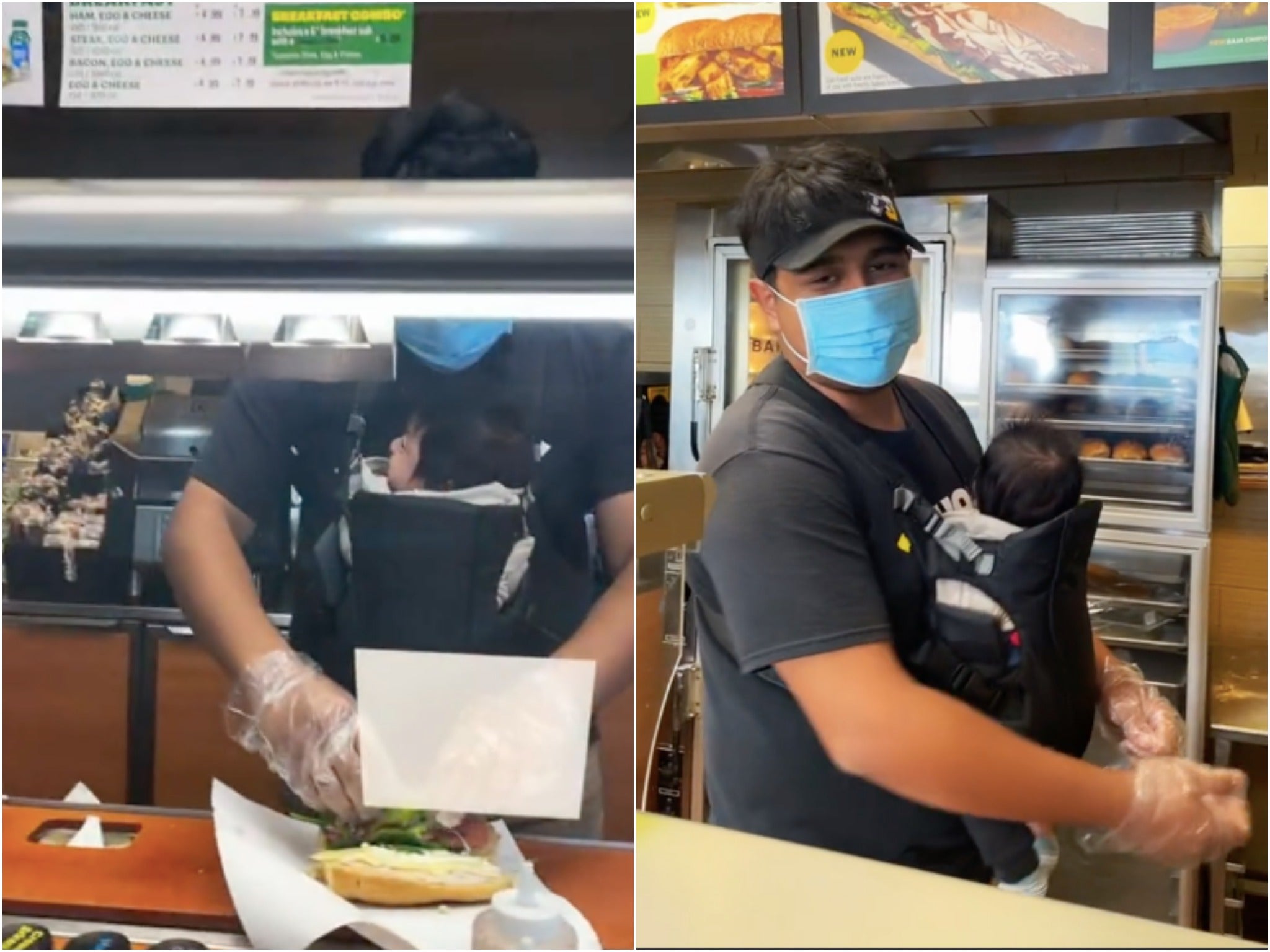 <p>Video of Subway worker with baby strapped to his chest goes viral </p>