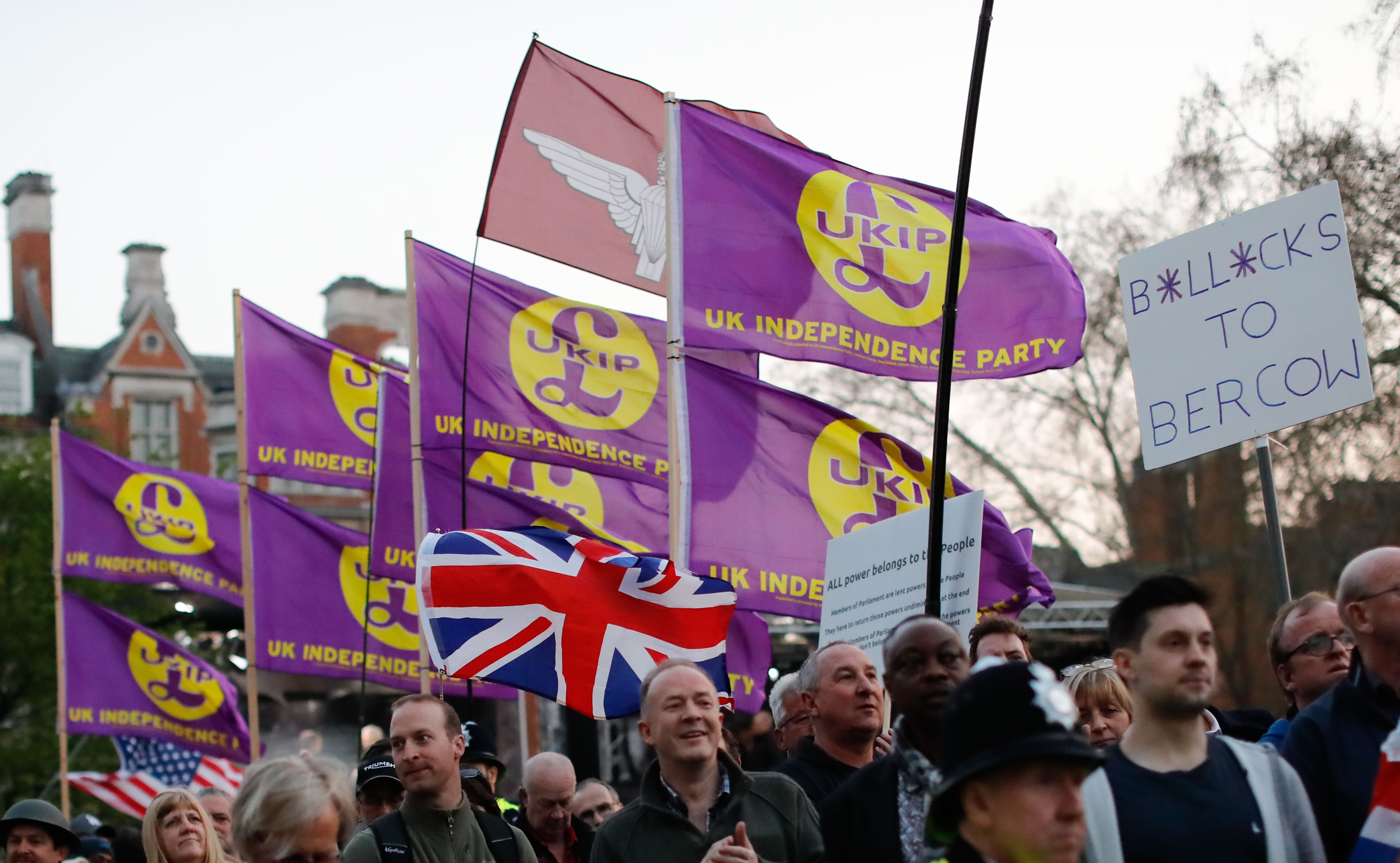 Pro-Brexit supporters outside parliament after MPs voted down the government’s Brexit deal for a third time