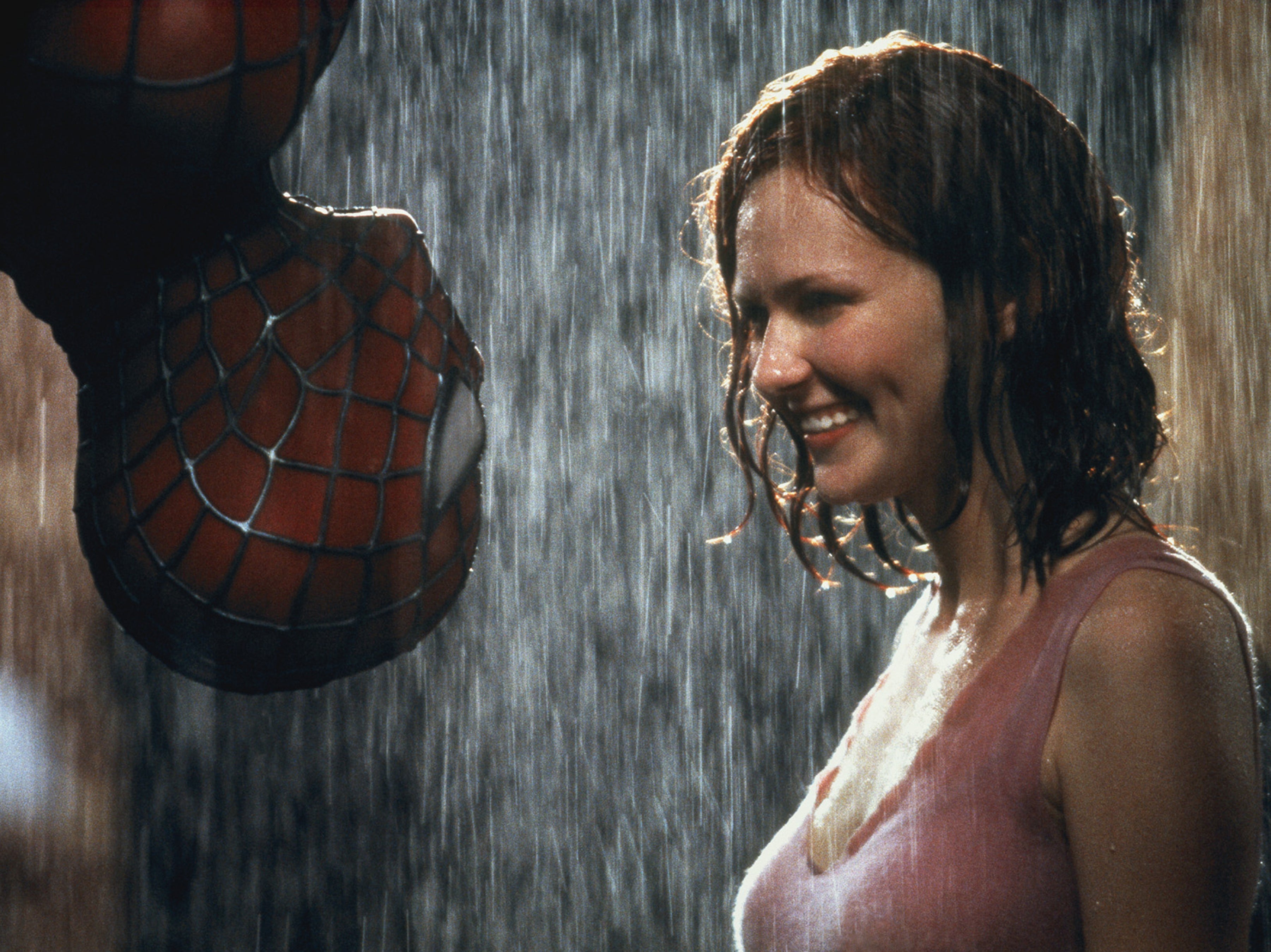 Web-slingin’ in the rain: Toby Maguire and Kirsten Dunst in the 2002 film ‘Spider-Man'