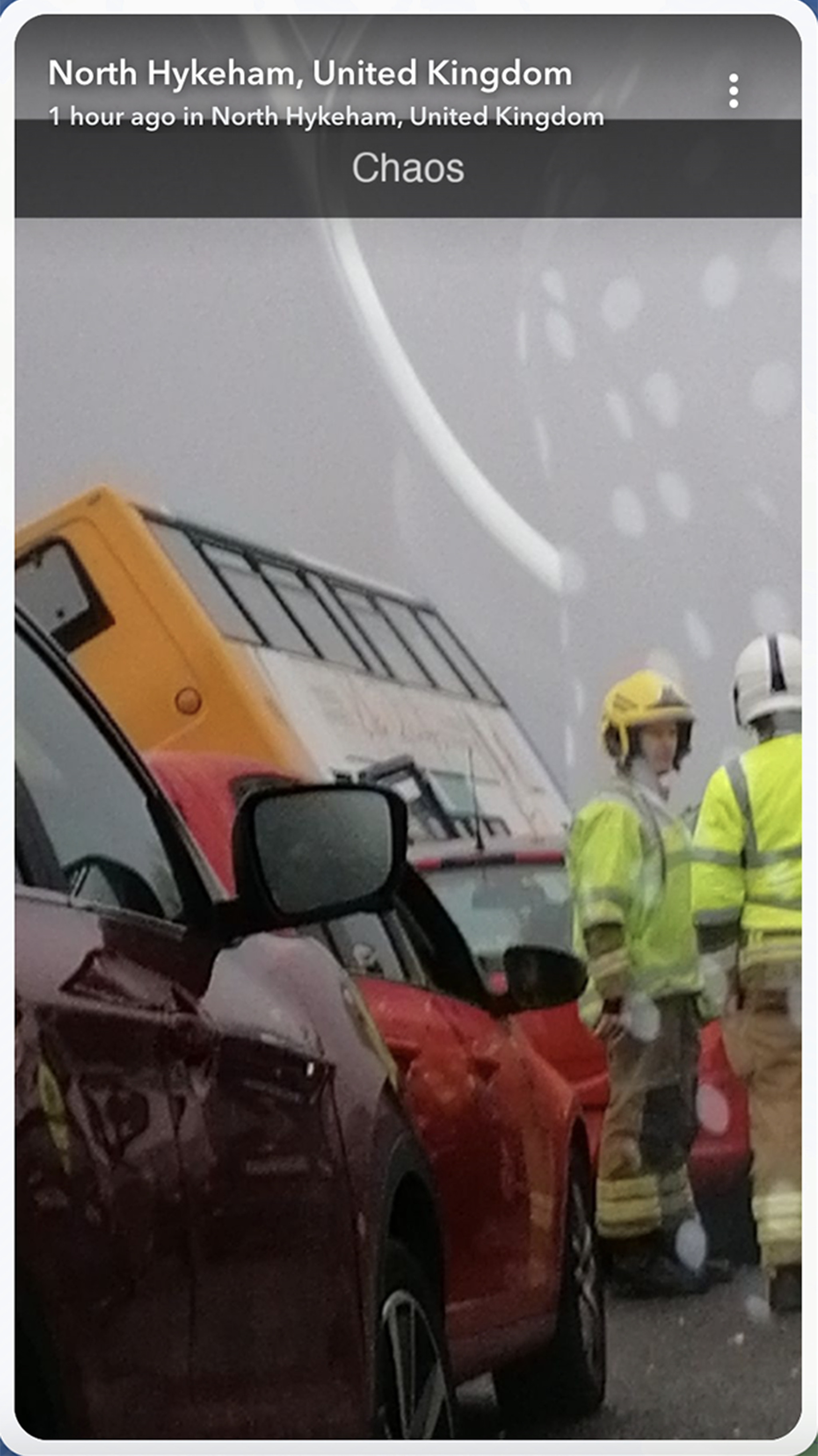 The bus was seen tipped over on the side