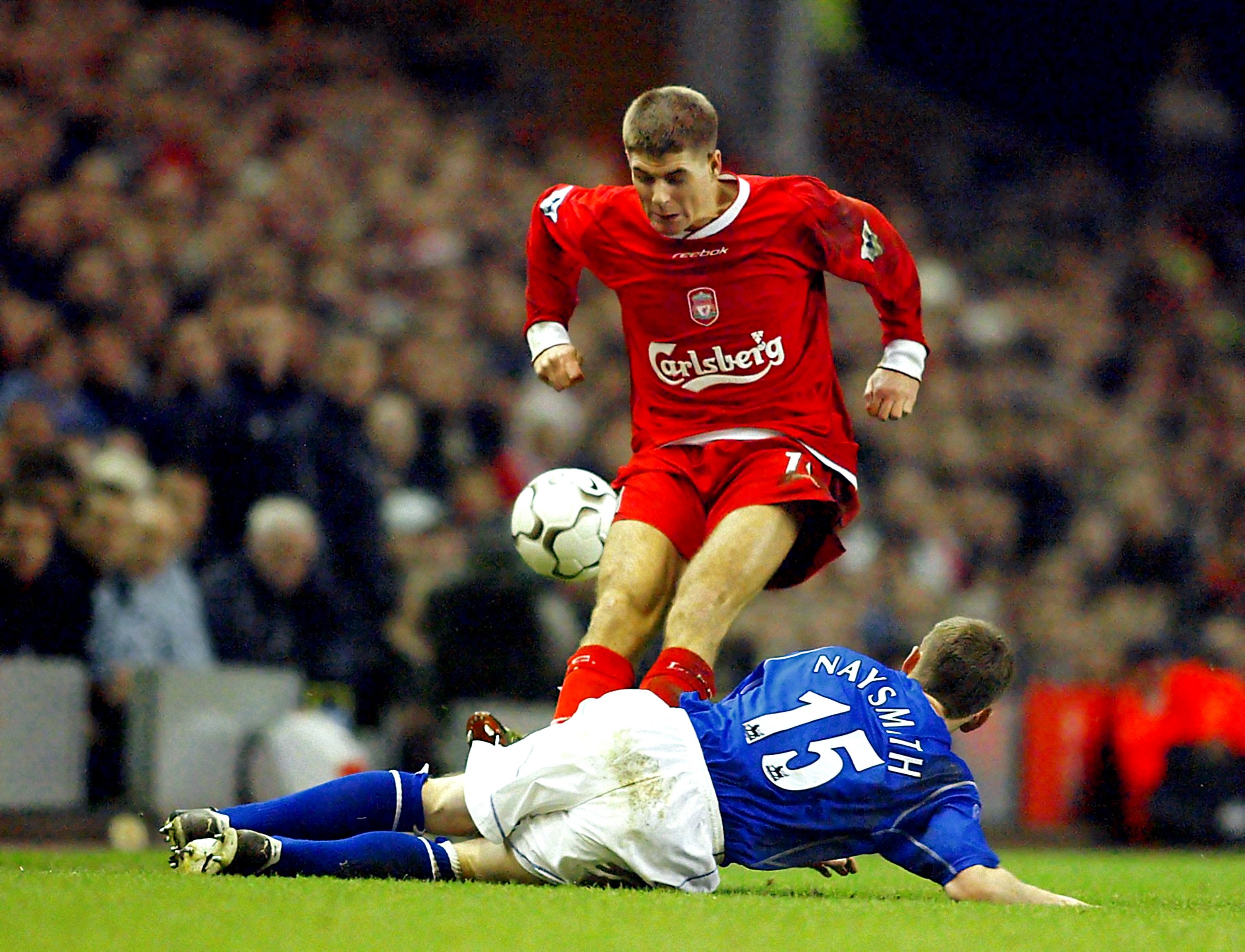 Gerrard’s two-footed tackle on Gary Naysmith resulted in a retrospective ban (Phil Noble/PA)