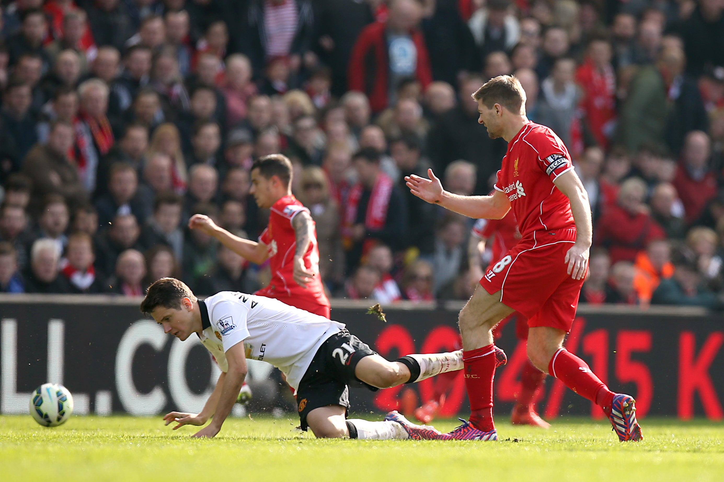 Gerrard was sent off just 38 seconds after coming on at half-time against Manchester United (Peter Byrne/PA)