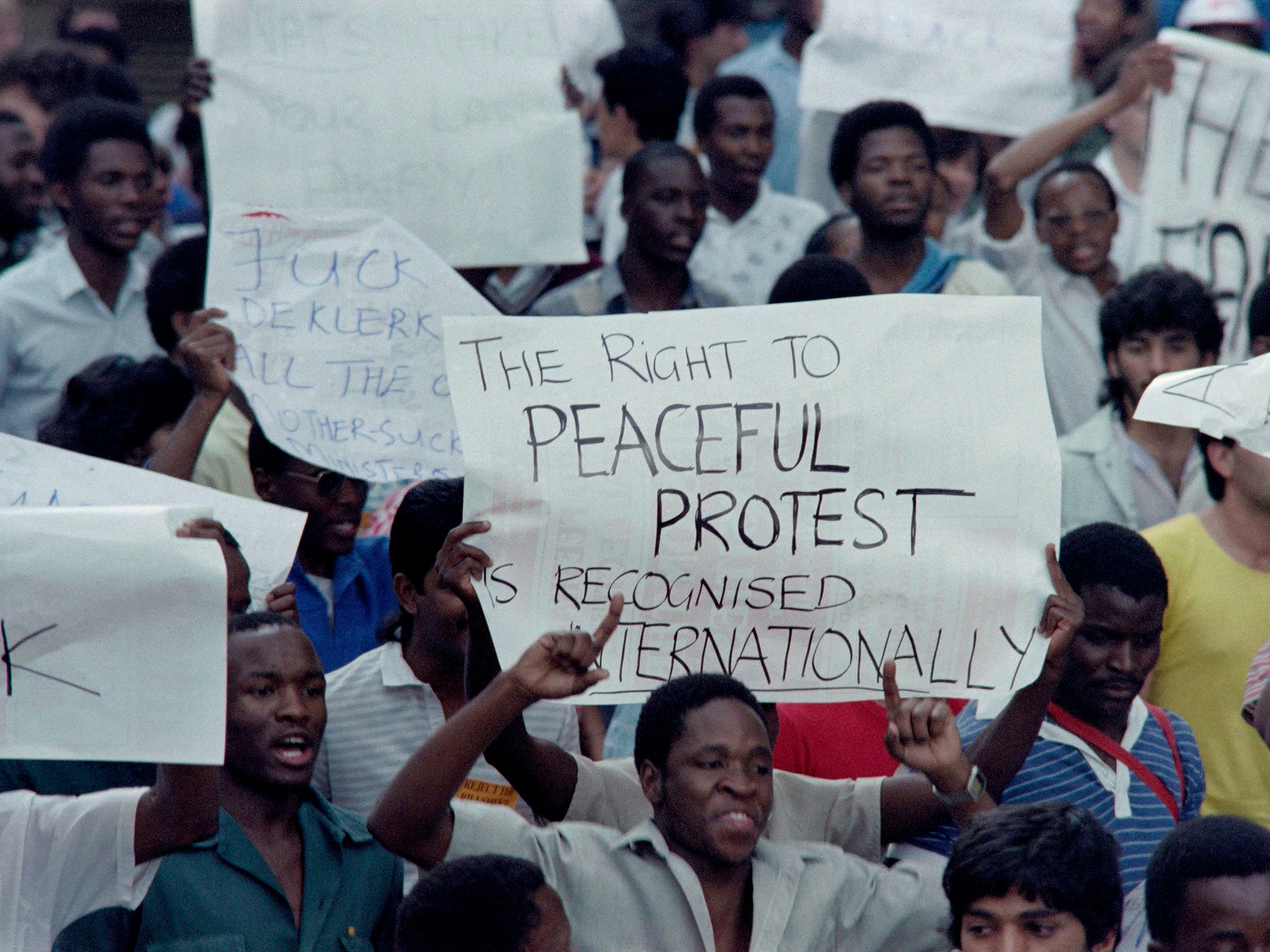 Students from the University of the Witwatersrand protest against apartheid in 1987