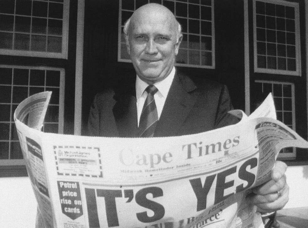 <p>Former South African president, FW de Klerk, poses outside his office in Cape Town, South Africa in 1992</p>