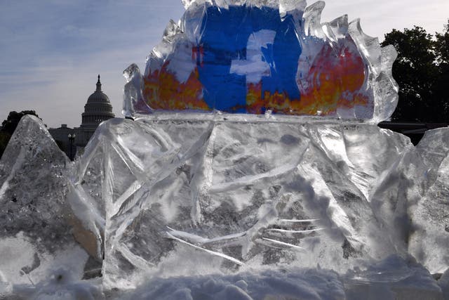 <p>Protests left a huge block of ice in Washington DC to protest against misinformation on Facebook </p>