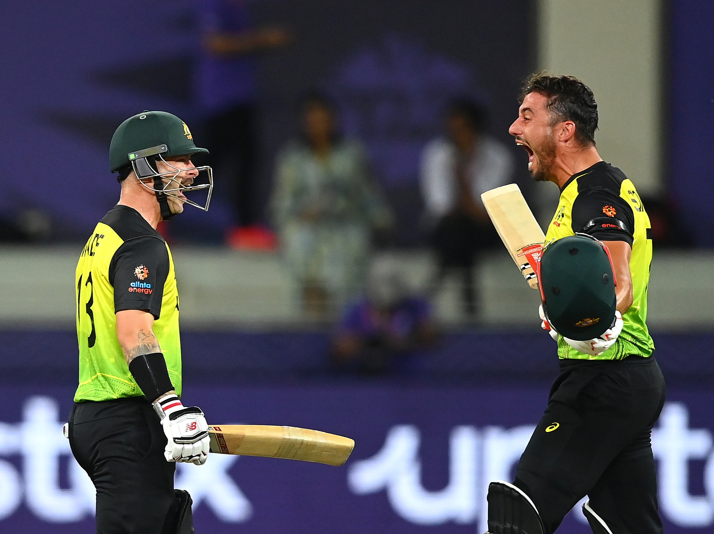 <p>Matthew Wade (left) celebrates with Marcus Stoinis</p>
