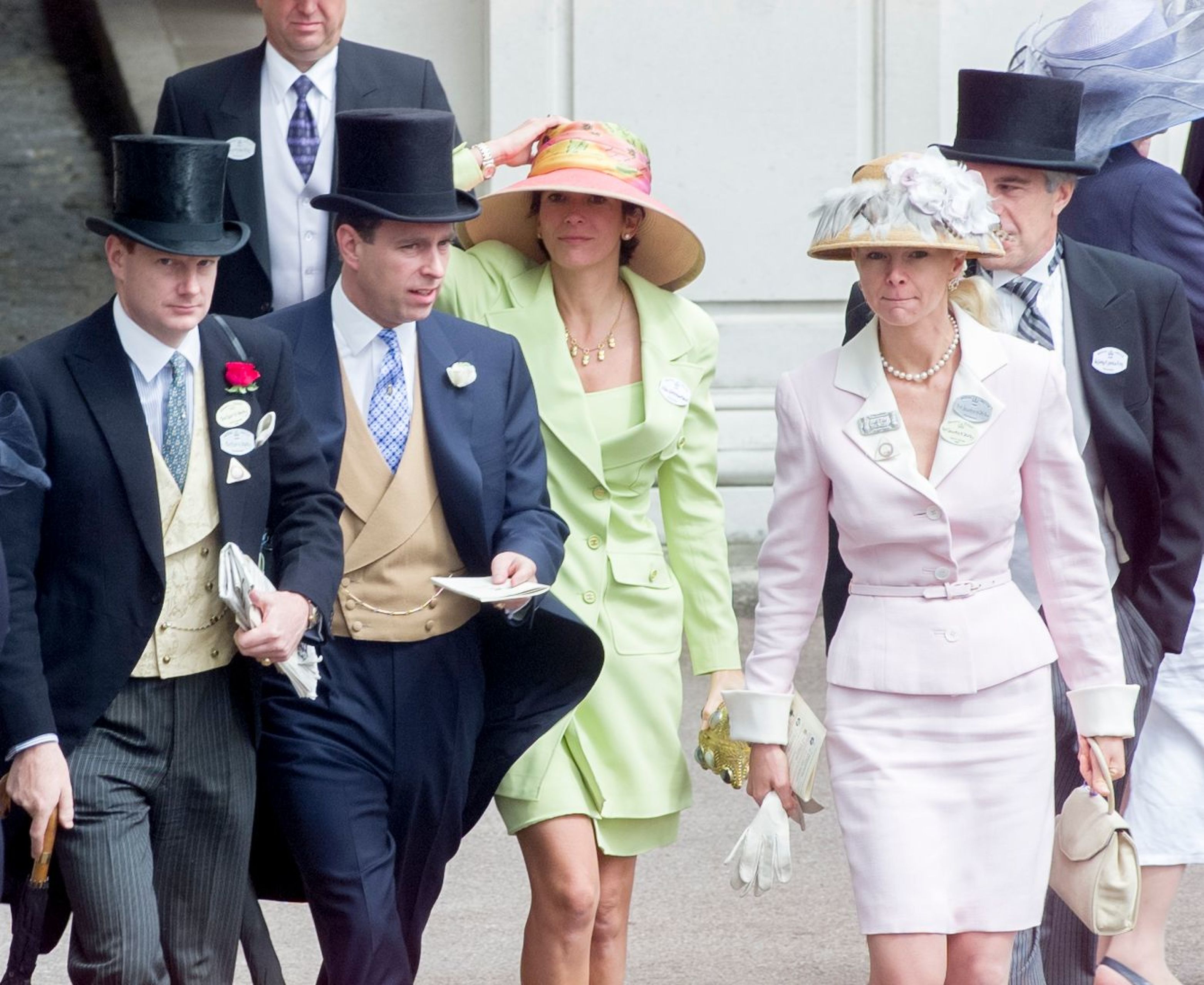 Prince Andrew with Maxwell and Epstein (rear right, with black/grey stiped tie) and Caroline Stanley (in pink)