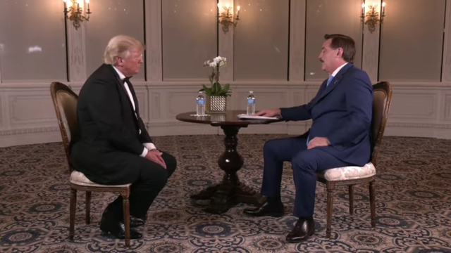 <p>Mike Lindell interviewing Donald Trump for a three-day ‘marathon’ broadcast during Thanksgiving weekend </p>