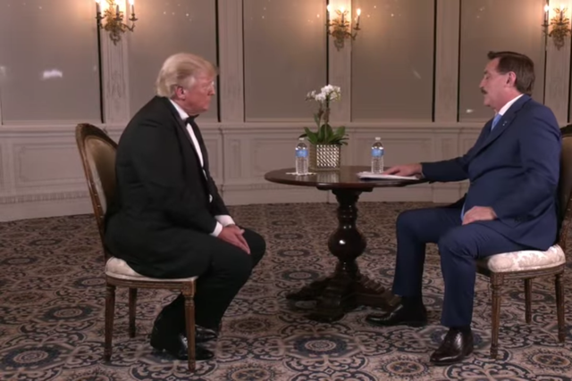 <p>Mike Lindell interviewing Donald Trump for a three-day ‘marathon’ broadcast during Thanksgiving weekend </p>