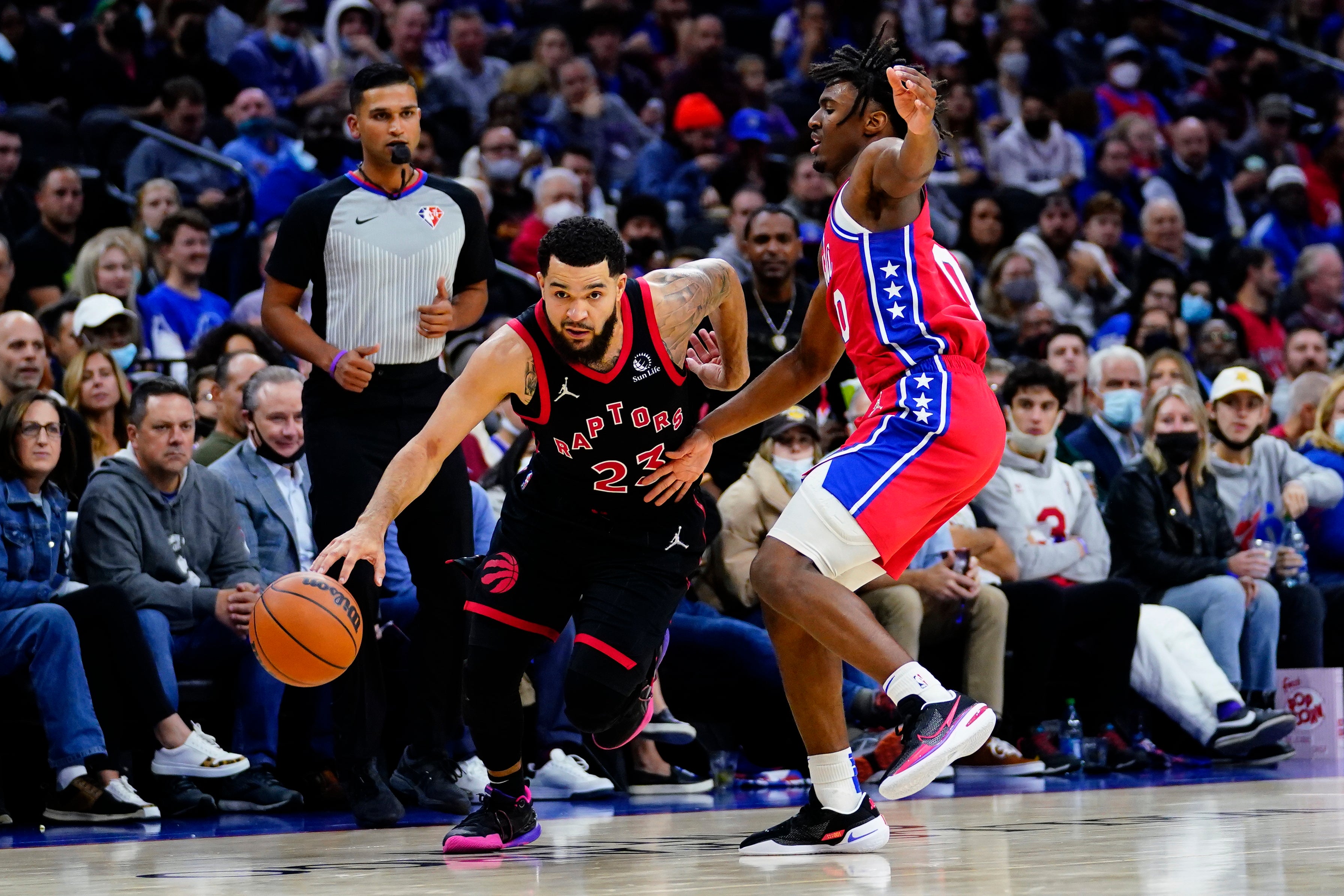 Toronto Raptors’ Fred VanVleet, left, tries to get past Philadelphia 76ers’ Tyrese Maxey (Matt Slocum/AP)