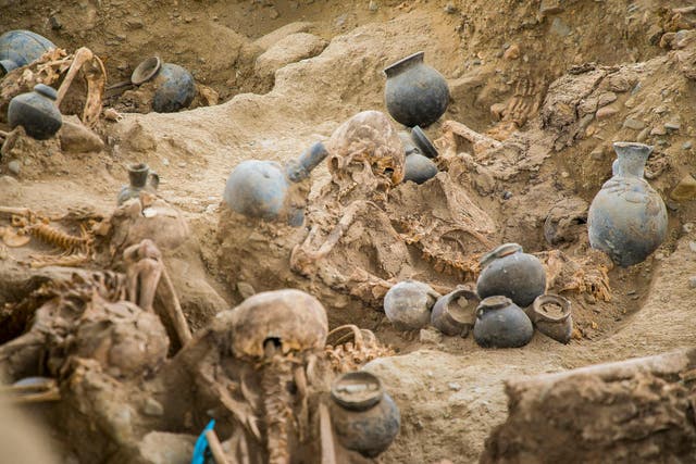 <p>Handout picture released by Peruvian Ministry of Culture showing the human remains discovered at the archaeological complex of Chan Chan, in Trujillo, Peru on November 11, 2021.</p>