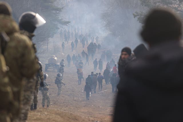 <p>Migrants in a camp in the Grodno region, next to the Belarusian-Polish border</p>