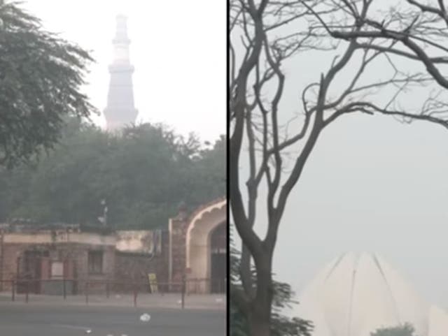 <p>Qutab Minar and Lotus Temple wreathed in smog</p>