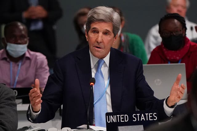 <p>US special climate envoy, John Kerry, speaks during the global stock-taking session on Friday at Cop26 in Glasgow, Scotland</p>