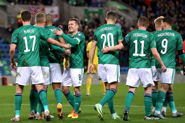 Northern Ireland celebrate their winning goal (Liam McBurney/PA)