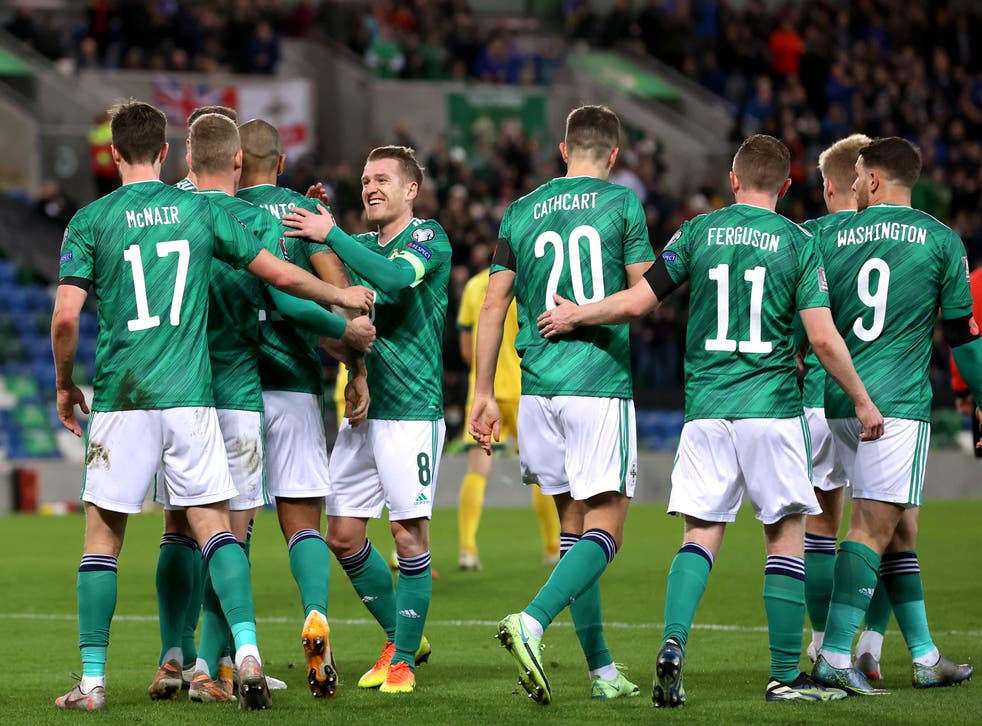 Northern Ireland celebrate their winning goal (Liam McBurney/PA)