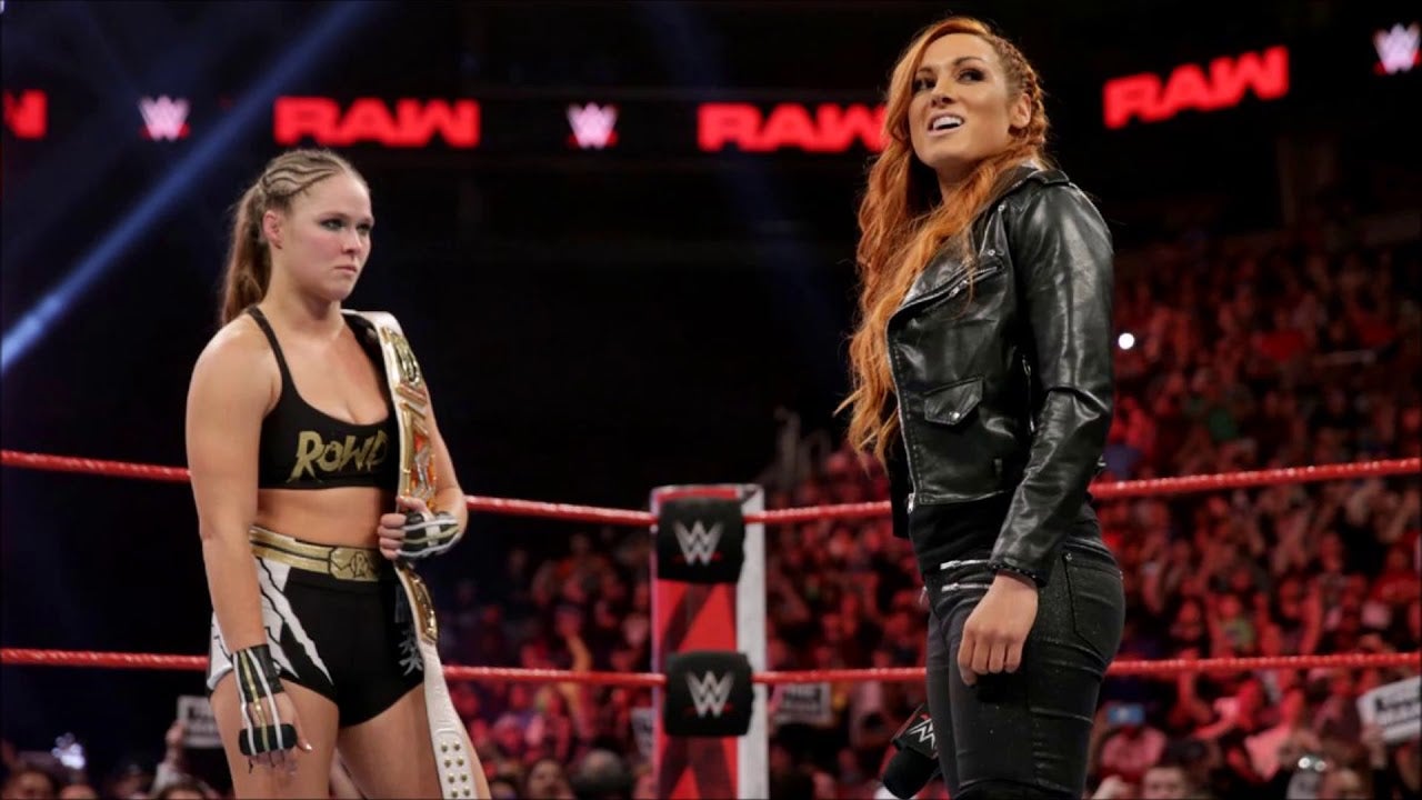 Ronda Rousey and Becky Lynch in the ring ahead of WWE WrestleMania 35