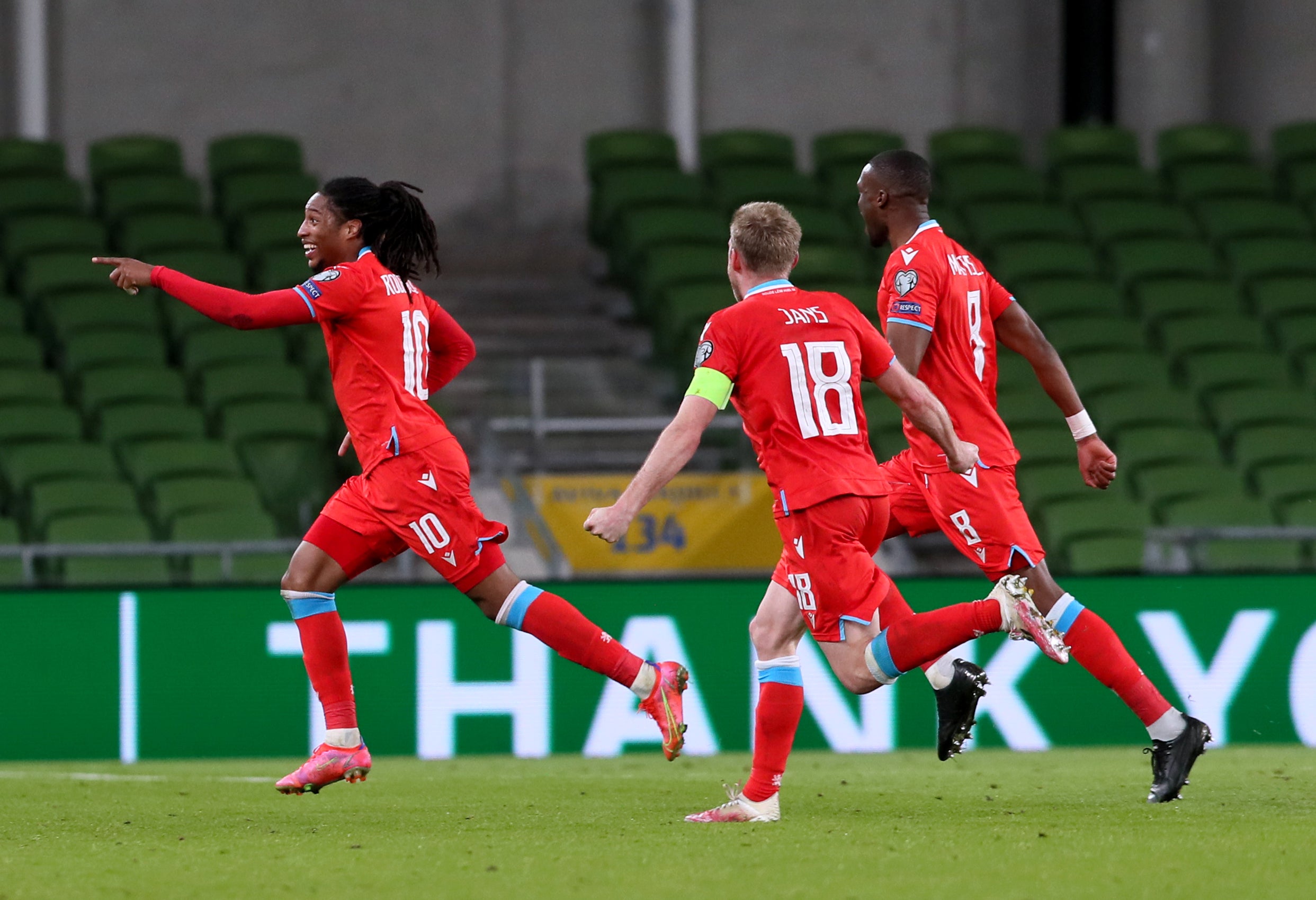 Luxembourg’s Gerson Rodrigues (left) celebrates his winning goal in Dublin (Brian Lawless/PA)