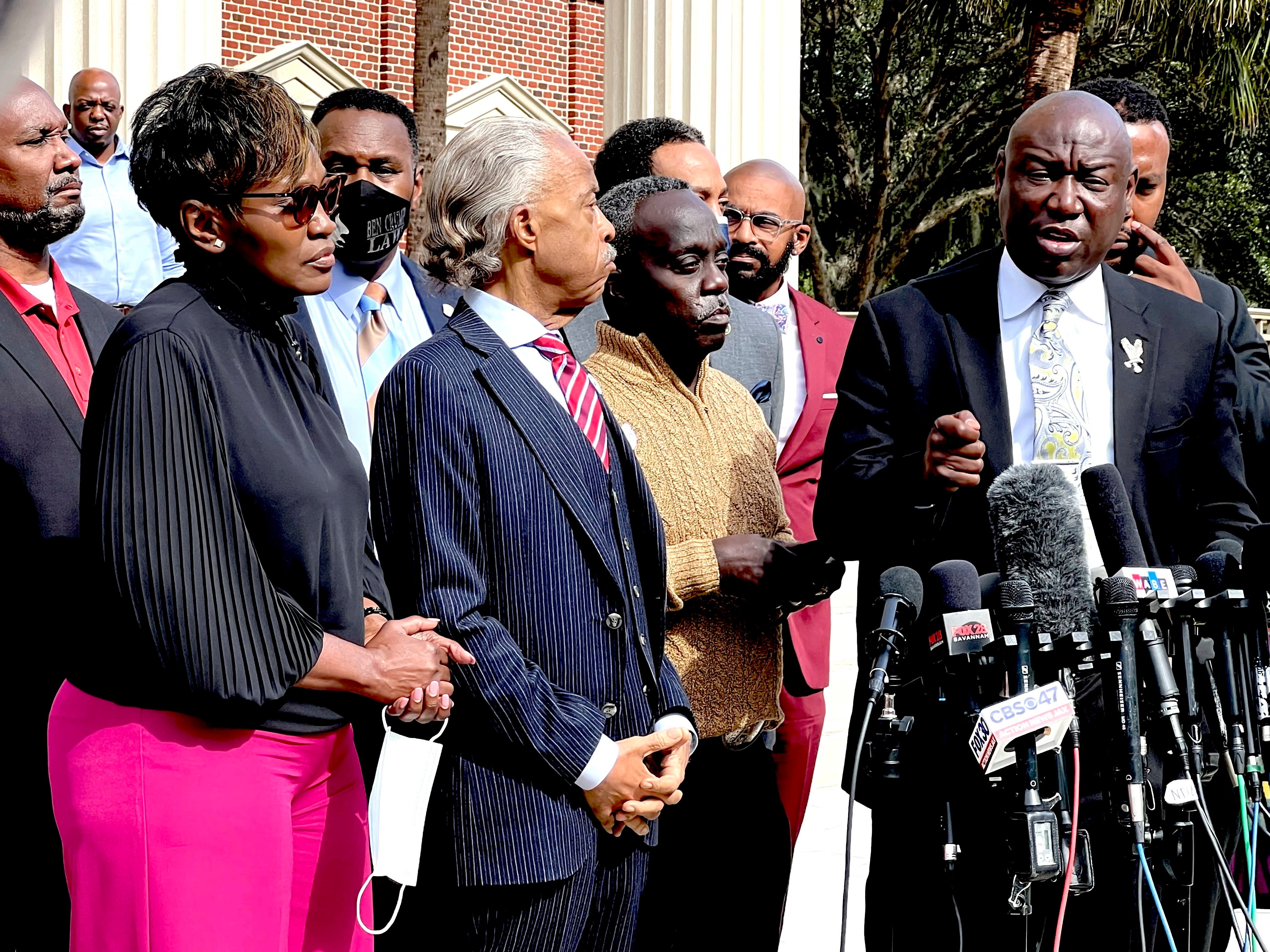 The Arbery family attorney Ben Crump, Rev Al Sharpton and Ahmaud Arbery’s family outside the courthouse last week
