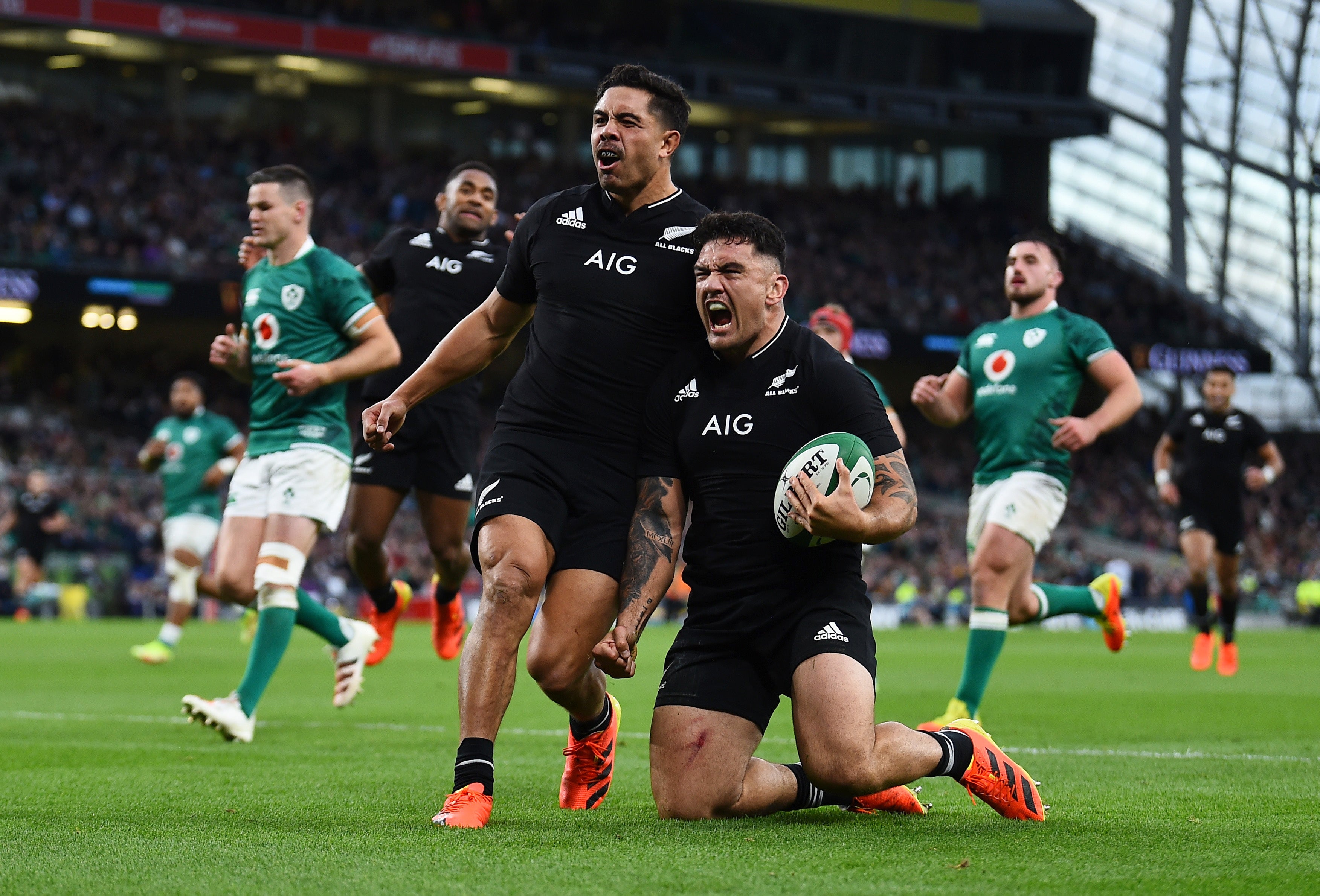 New Zealand's Codie Taylor celebrates scoring