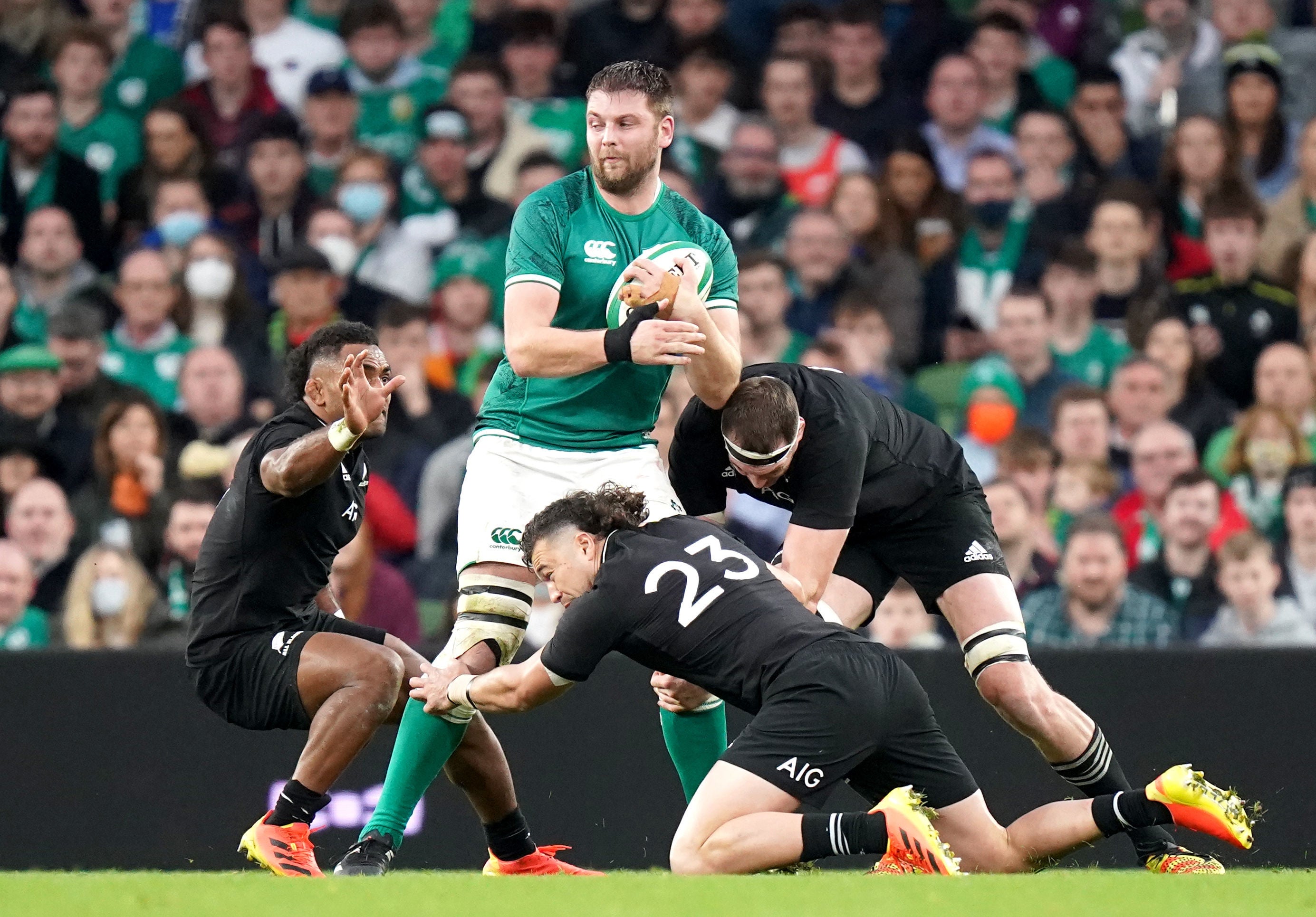 Ireland's Iain Henderson is tackled