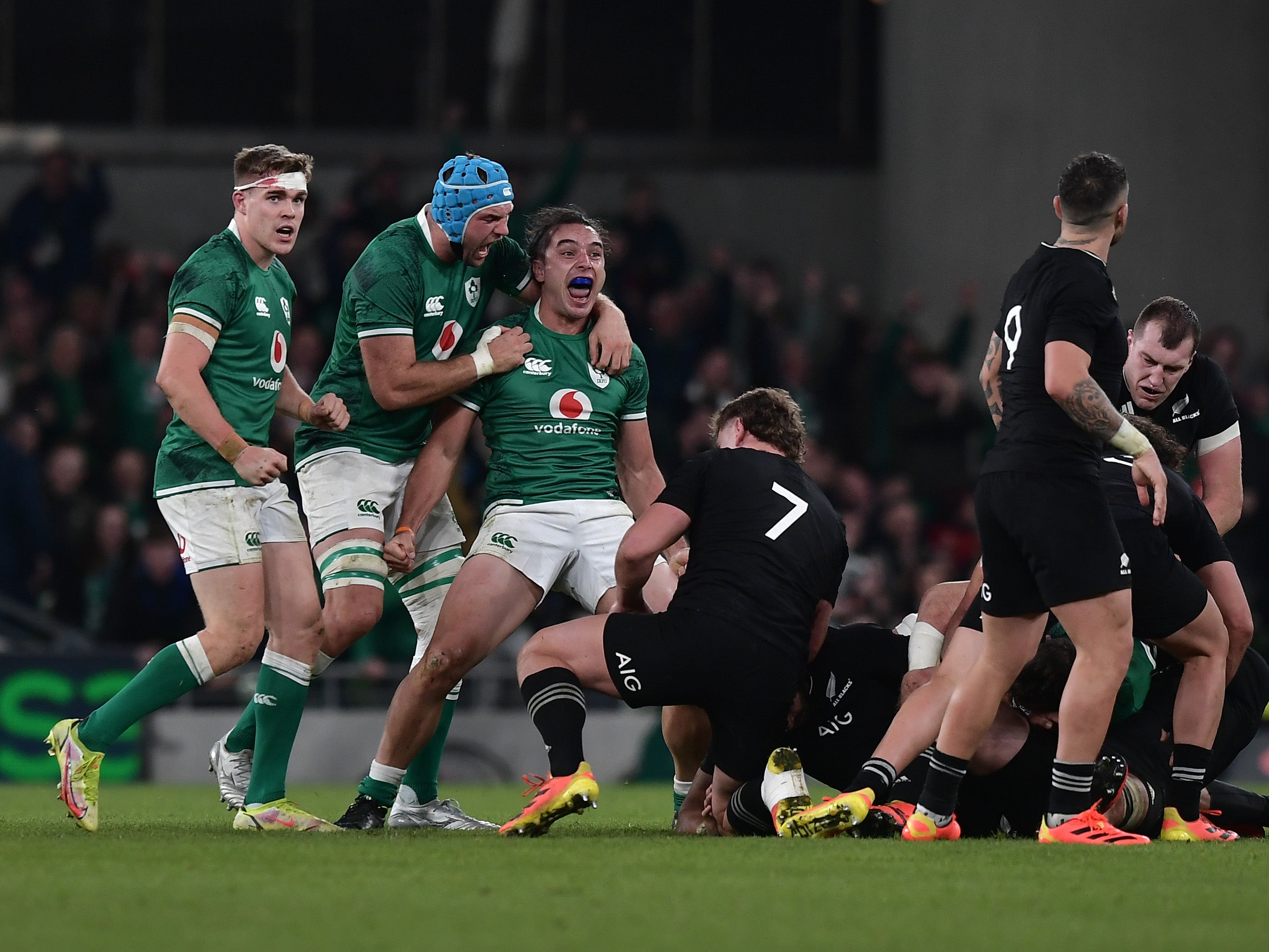 James Lowe of Ireland gets fired up after a tackle