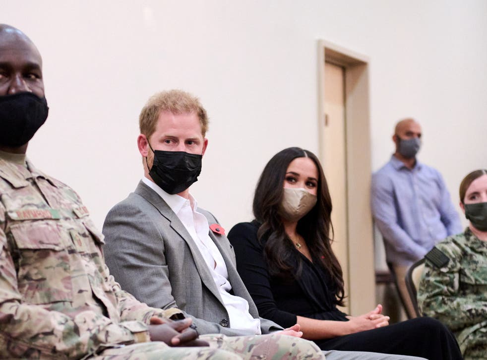 <p>Prince Harry and Meghan Markle visit a military base in New Jersey</p>