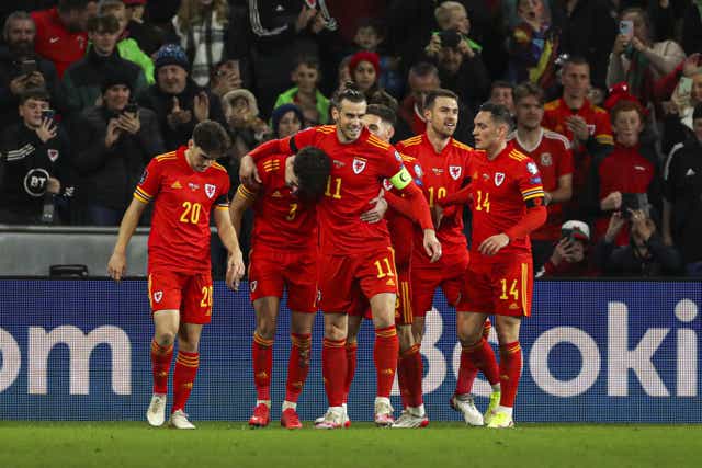Gareth Bale (centre), winning his 100th cap, celebrates Neco Williams’ (second right) goal in Wales’ 5-1 World Cup qualifying victory over Belarus in Cardiff (Bradley Collyer/PA)