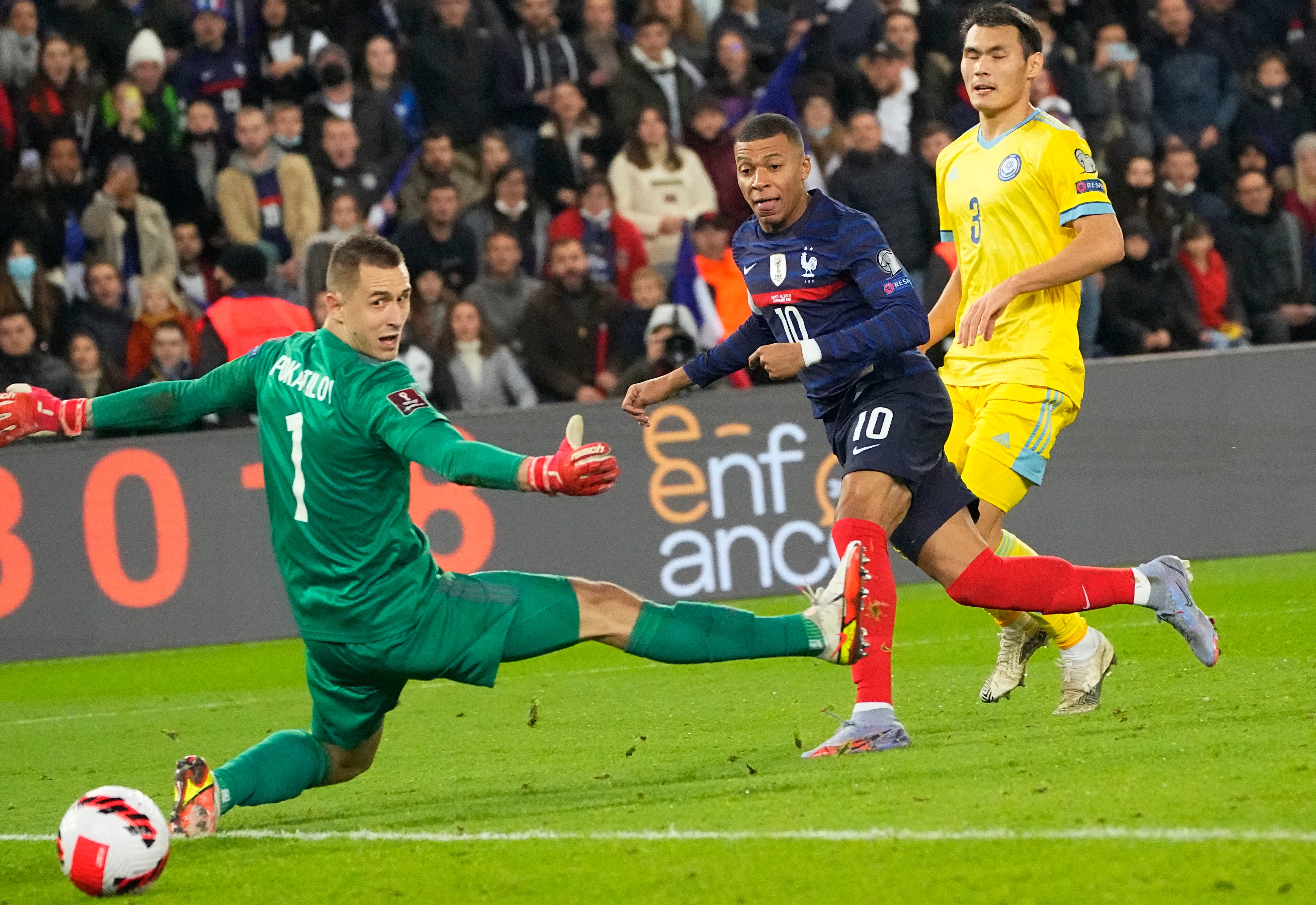Kylian Mbappe rounded off France’s 8-0 win over Kazakhstan (Michel Euler/AP)
