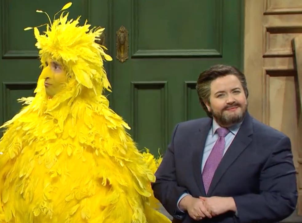 <p>Aidy Bryant as Ted Cruz and Kyle Mooney as Big Bird on SNL</p>