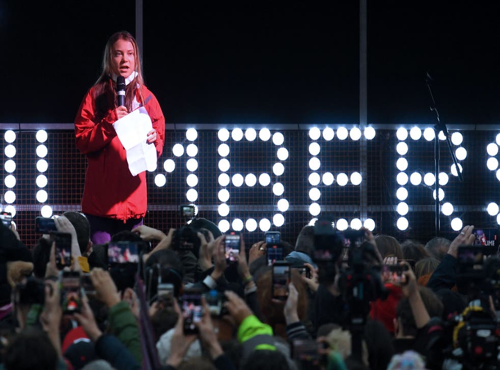 <p>Greta Thunberg speaks to the crowd in George Square the end point for the Fridays For Future rally in Glasgow, Scotland.</p>