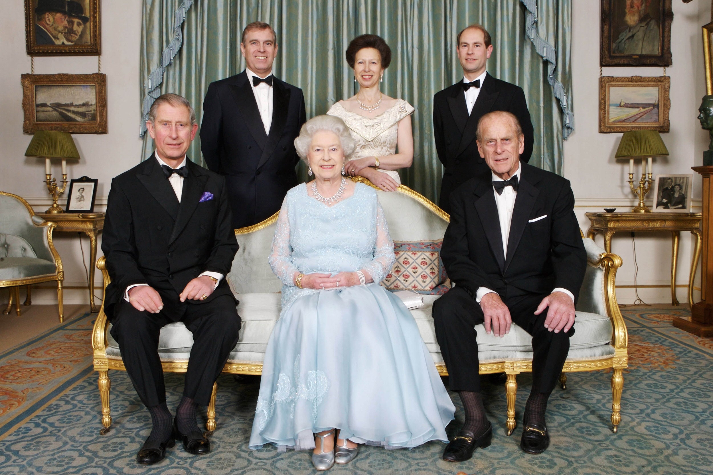 Queen Elizabeth II and Prince Philip at Clarence House with Prince Charles, (Left Foreground) Prince Edward, (Right Background) Princess Anne (Centre Background) and Prince Andrew (Left Background) on the occasion of a dinner hosted by HRH The Prince of Wales and HRH The Duchess of Cornwall to mark the Diamond Wedding Anniversary of The Queen and The Duke, 18 November, 2007