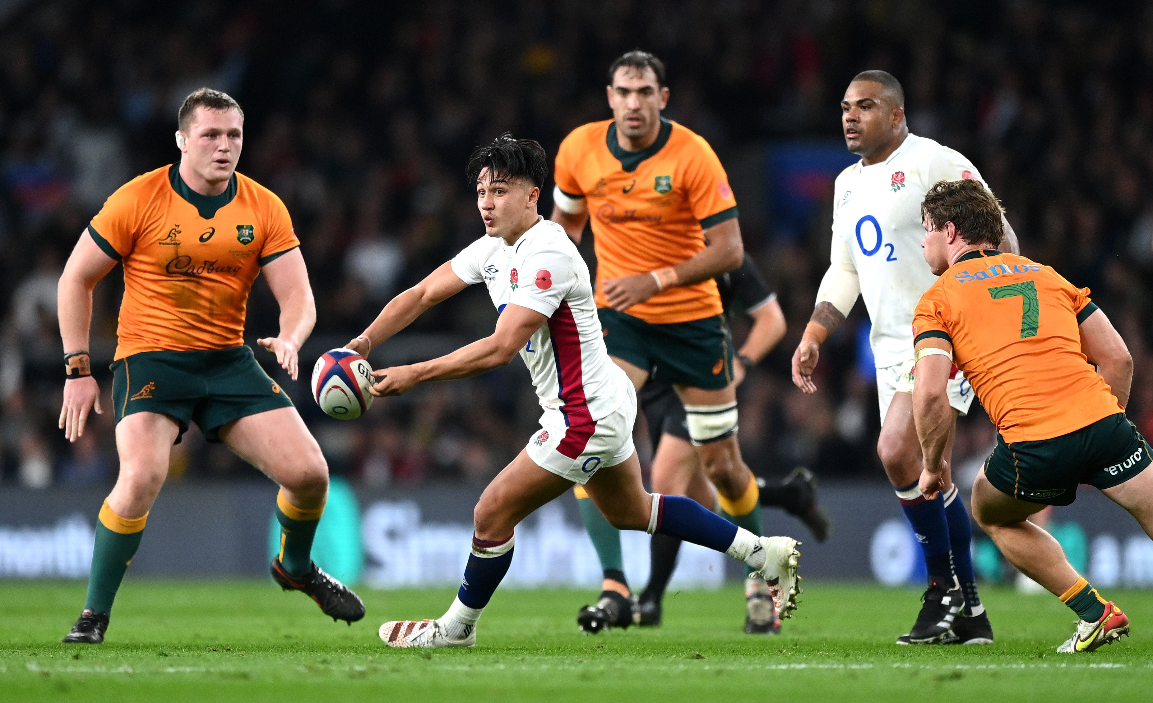 Marcus Smith (centre) impressed against the Wallabies