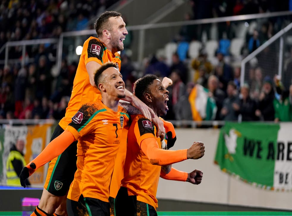 Chiedozie Ogbene celebrates scoring Republic of Ireland’s second (John Walton/PA)