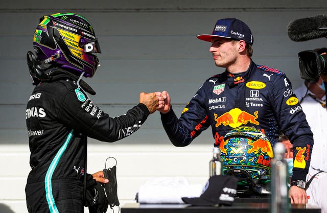 <p>Max Verstappen congratulates Lewis Hamilton after their dramatic duel at Interlagos </p>