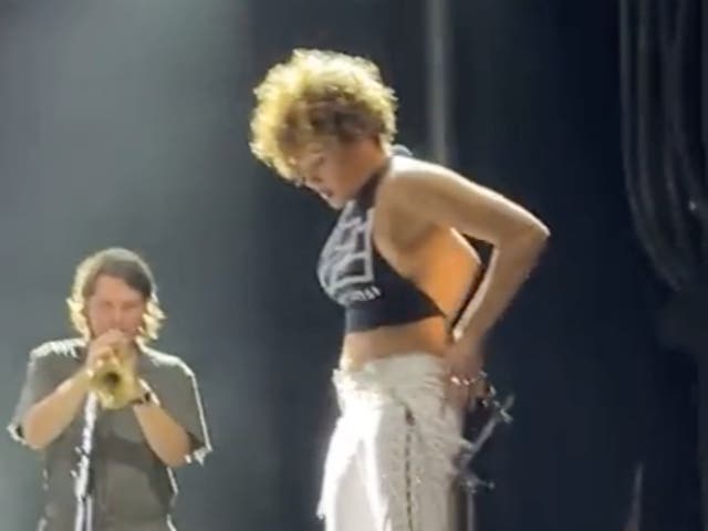 <p>Brass Against frontwoman Sophia Urista just before she urinated on a fan’s face</p>