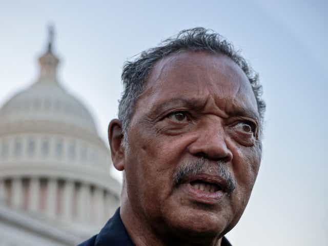 <p>Reverend Jesse Jackson stops by a demonstration outside the U.S. Capitol to protest the expiration of the federal moratorium on residential evictions in Washington, U.S., August 2, 2021</p>